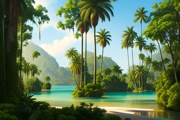 Beautiful nature backgrounds forests and palm trees with the lake