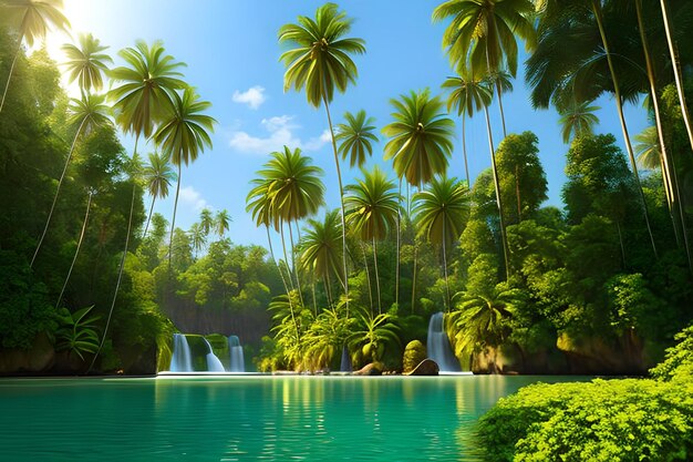 Beautiful nature backgrounds forests and palm trees with the lake