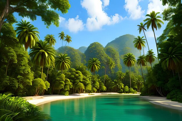 Beautiful nature backgrounds forests and palm trees with the lake