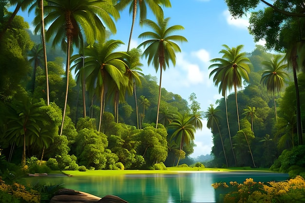 Beautiful nature backgrounds forests and palm trees with the lake
