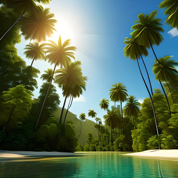 Foto bellissimi sfondi naturali, foreste e palme con il lago