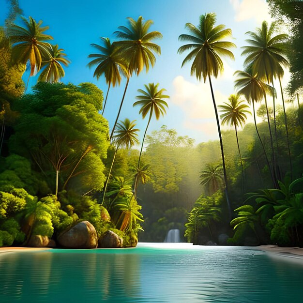 Foto bellissimi sfondi naturali, foreste e palme con il lago