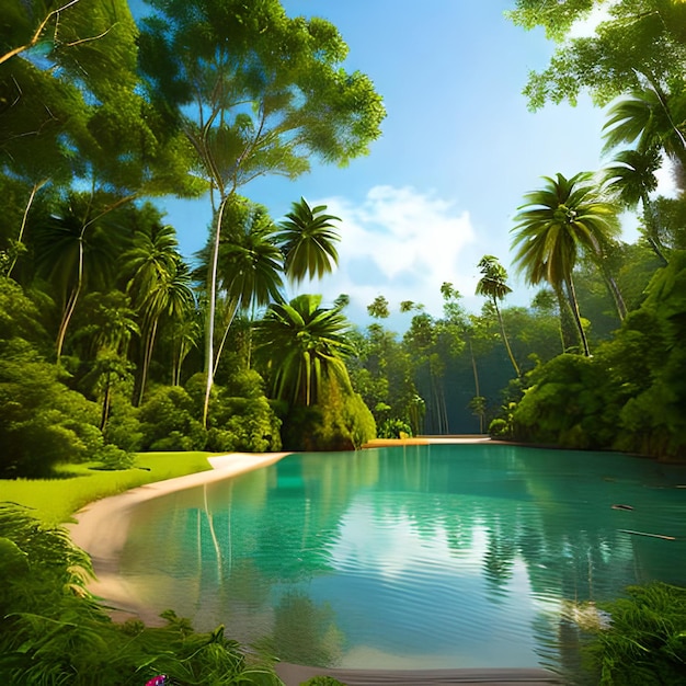 Beautiful nature backgrounds forests and palm trees with the lake