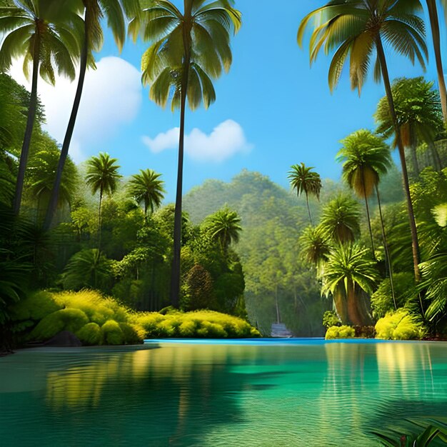 Beautiful nature backgrounds forests and palm trees with the lake