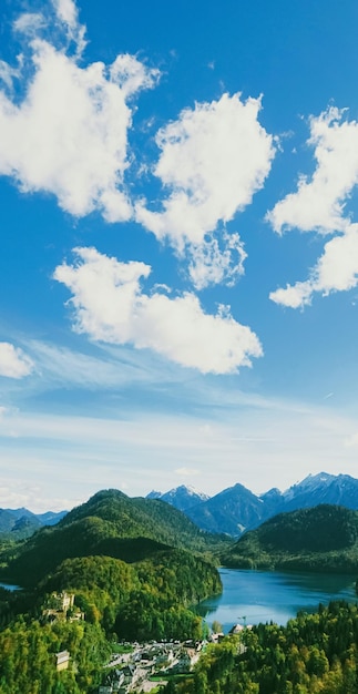 Beautiful nature of european alps landscape view of alpine mountains lake and village in spring season travel and destination