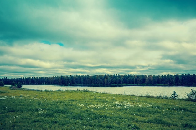 Beautiful nature Finland Lake shore in evening