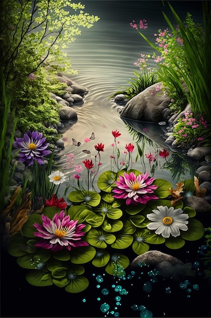 Beautiful nature in forest, spring fresh clean water and blossom flowers bloom