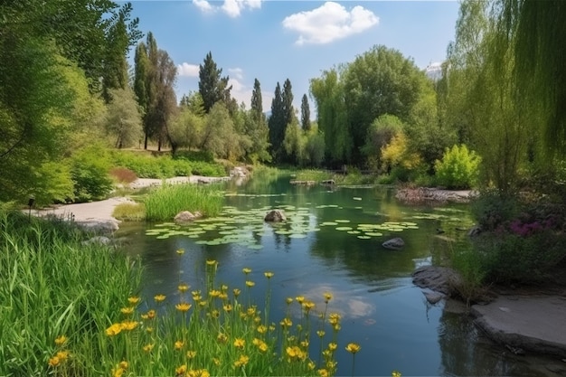 Beautiful nature garden park with forest trees and flowers water river and mountain