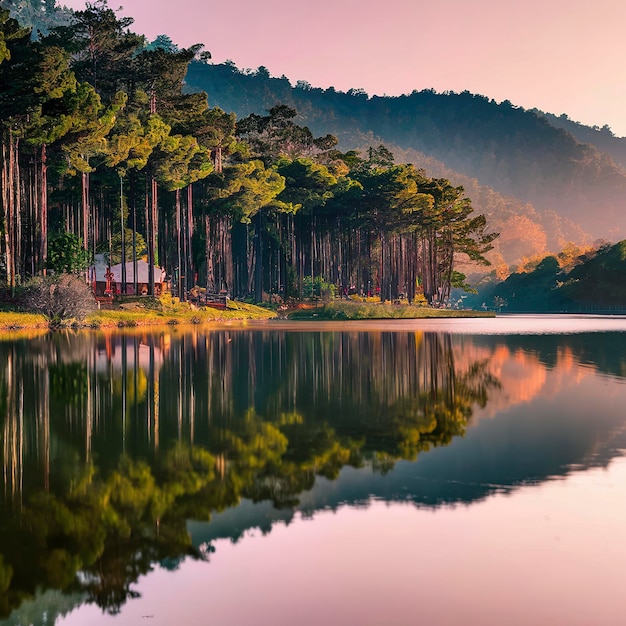 Beautiful nature landscape green forest of pine tree reflect on the water surface