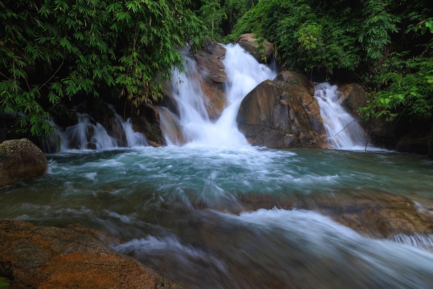 Beautiful nature landscape krating waterfall in the rainy season and refreshing greenery forest in the national park of khao khitchakut chanthaburi province thailand for background wallpaper