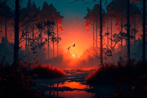 Beautiful nature landscape of misty forest at sunset