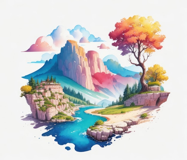 Beautiful nature landscape mountains watercolor background