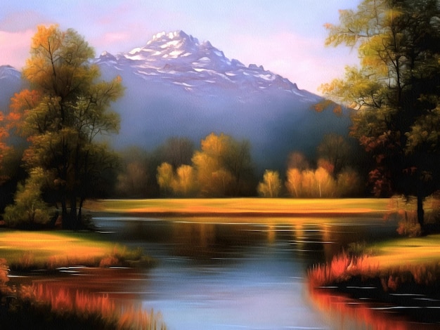 Beautiful nature landscape painting on paper canvas Generative AI