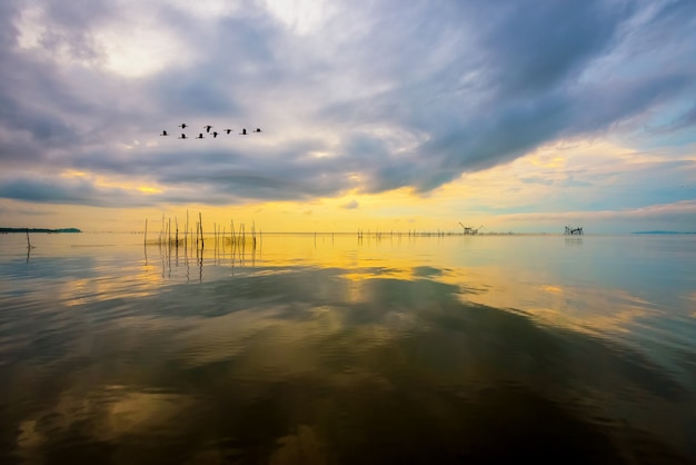 Bellissimo paesaggio naturale alba sul lago songkhla con superficie d'acqua calma, riflette la luce dorata e il cielo luminoso mentre uno stormo di uccelli vola al canale pakpra, phatthalung, thailandia