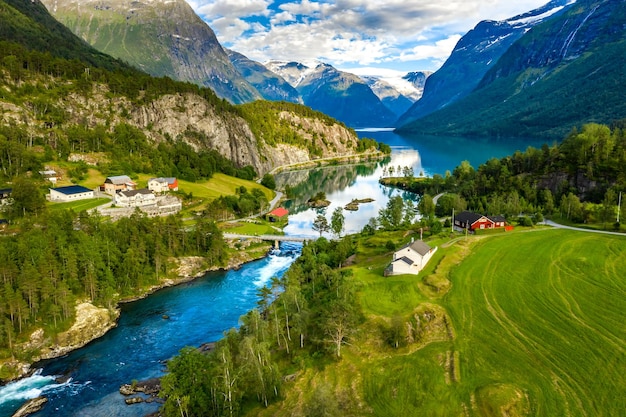 Beautiful Nature Norway natural landscape. lovatnet lake Lodal valley.