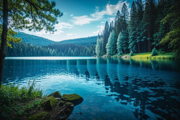 Beautiful nature scene with blue lake dark forest and water surface as copy space background