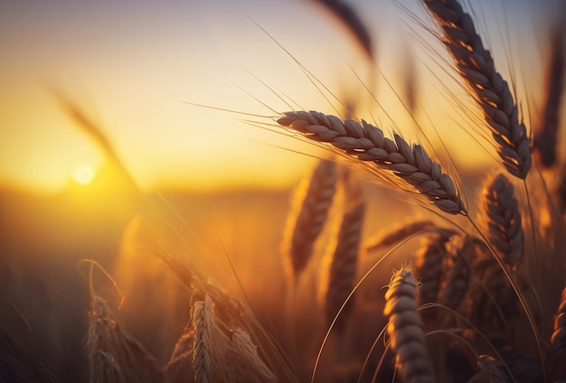 Beautiful nature sunset landscape. Ears of golden wheat close up. Rural scene under sunlight