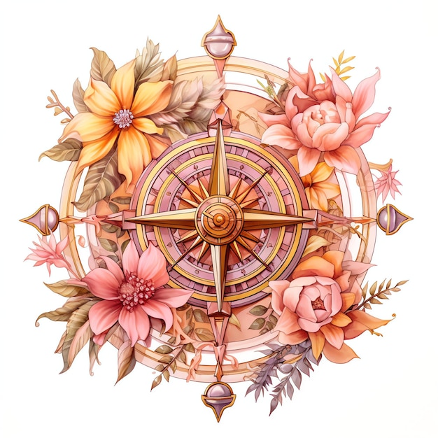 Foto bellissima illustrazione di clipart di rosa dei venti e fiori nautici