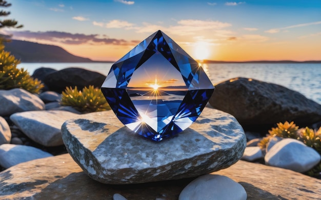 Photo beautiful navy blue crystal sits on a rock in front of a sunset
