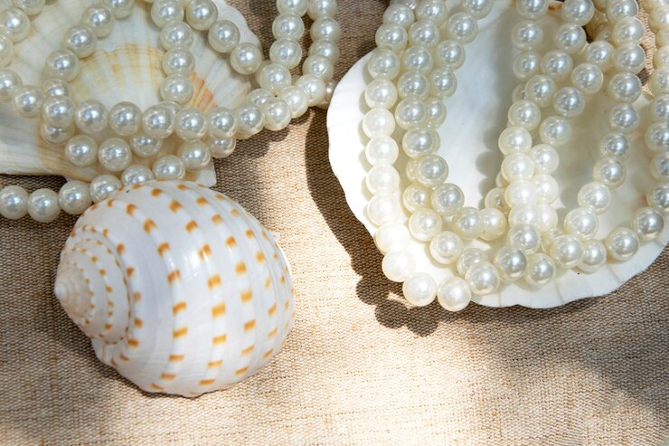 Photo beautiful necklace pearls in shell