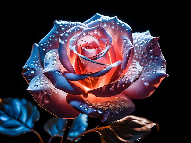 beautiful neon rose on black background macro photo with shallow depth of field