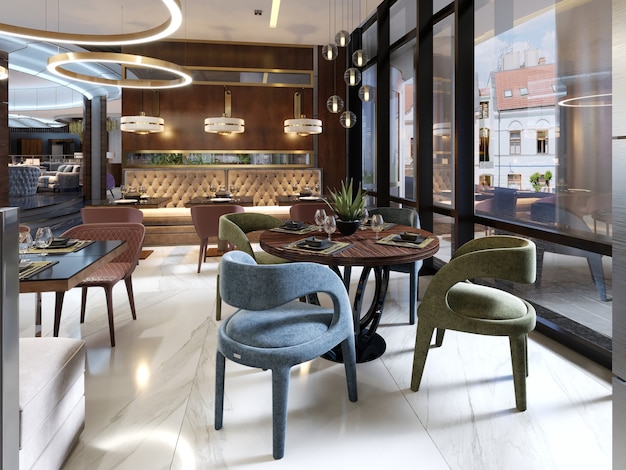 Foto bellissimo ristorante di lusso nuovo e vuoto in stile europeo. rendering 3d