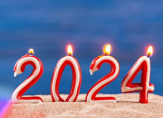 Beautiful new year 2024 burning candle and lamp on night background