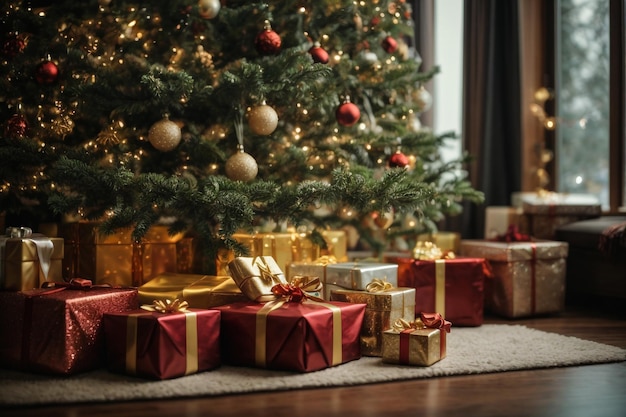 Красивый новогодний фон с елкой и кучей подарков под ней