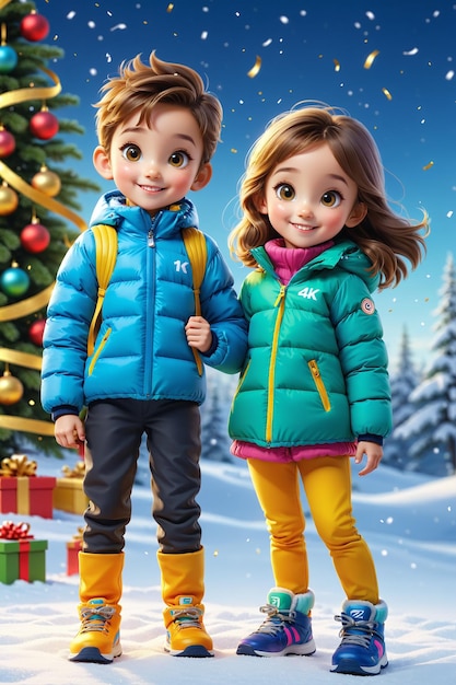 Beautiful New Year illustration with two festively dressed smiling children with a decorated Christmas tree and gift boxes Generative AI