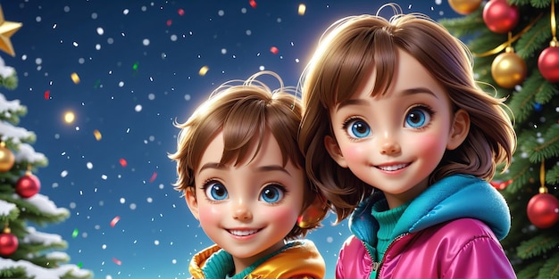 Beautiful New Year illustration with two festively dressed smiling children with a decorated Christmas tree snow and confetti Generative AI