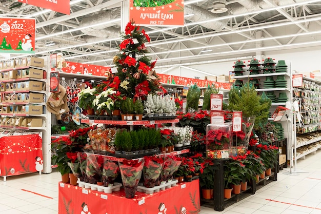 Beautiful New Year's decoration of the supermarket. Sale of Christmas trees, toys and decorations. Moscow, Russia, 12-17-2021.