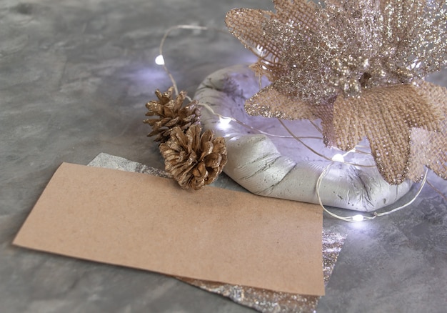 Beautiful new years decor in silvergold tones unusual flower pine cones blank card stylish and modern