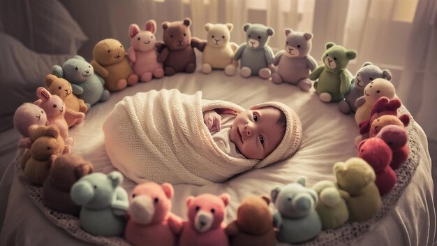 Beautiful newborn with knitted toys