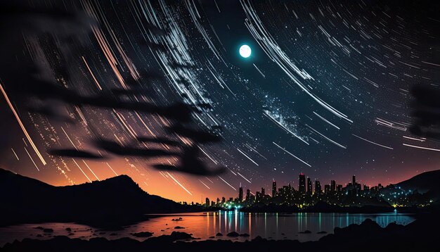 Beautiful night cityscape with star trails in sunrise sky and high rise buildings reflections