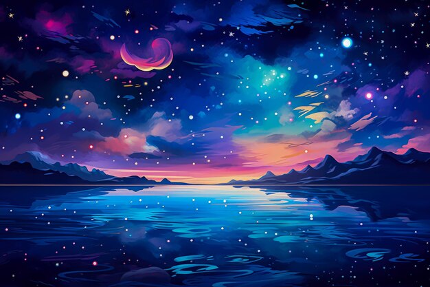 Beautiful night landscape with lake mountains and stars