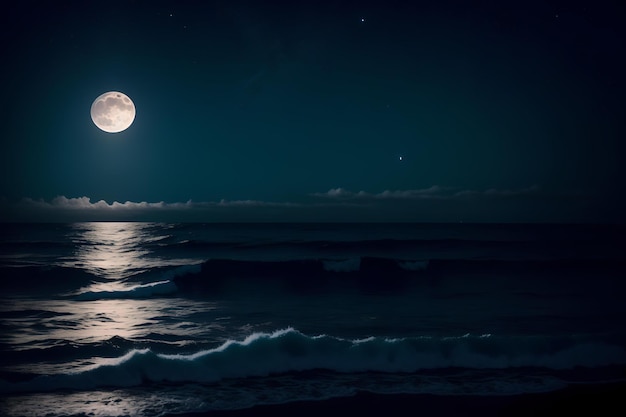 beautiful night in the ocean with full moon and black sky