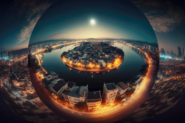 Foto bellissimo panorama notturno della città e del fiume dall'alto sul tetto