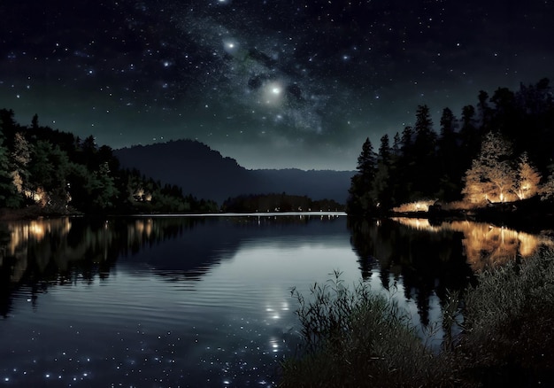 beautiful night scene of a calm lake hyper realistic illustration