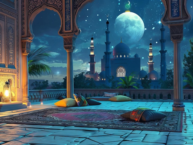 A beautiful night scene with a mosque and a fountain