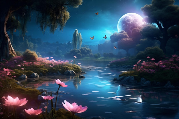 a beautiful night scene with a river and flowers