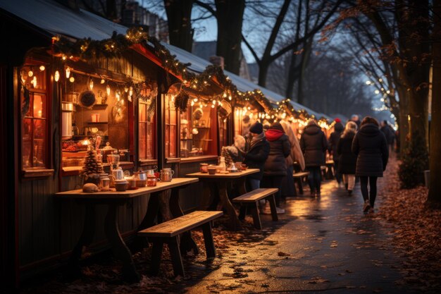 Beautiful night scenery with street decorations on the Christmas fair Market Square Lviv Ukraine Holiday concept High quality photo