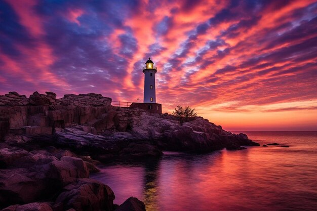 a beautiful night sky behind a shining lighthouse