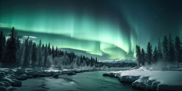 Premium AI Image | beautiful night snow landscape with aurora in the ...