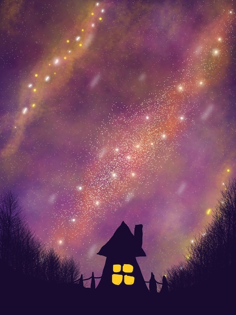 Beautiful night space galaxy with house in forest