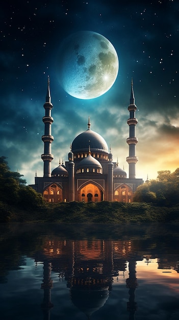 A beautiful night with a mosque and moon