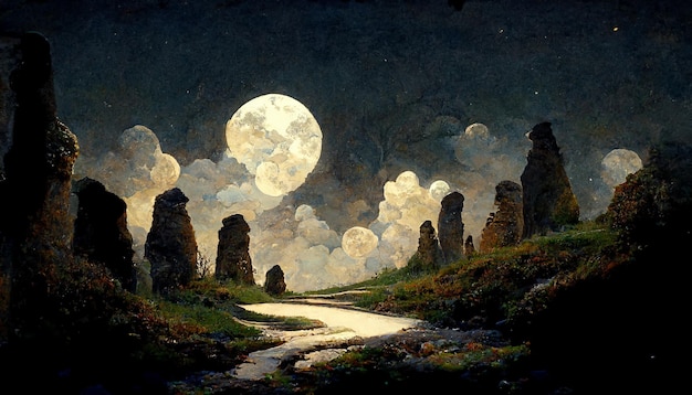 Beautiful nights stone paths many beautiful high and low\
trees