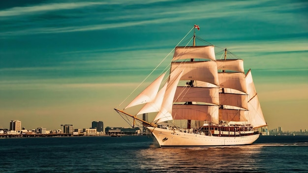 Photo beautiful nippon maru a sailing boat with blue sky in yokohama city