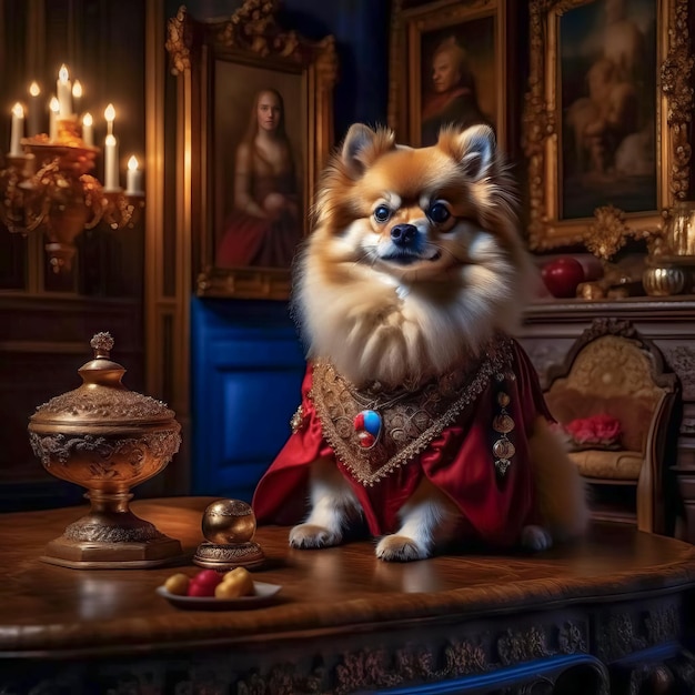 A beautiful noble Spitz dog poses in a rich red suit in a vintage interior