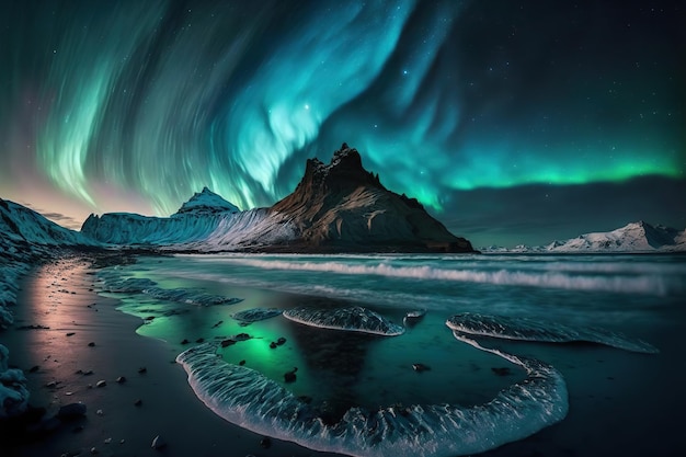 Beautiful northern lights landscape Aurora borealis above mountains reflected in the sea