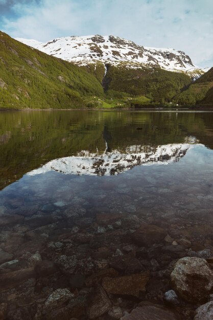 The beautiful Norwegian landscape mountains in snow and reflection in waterxA